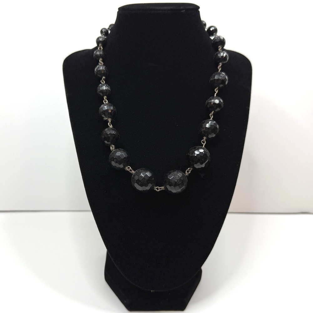 Graduated Faceted Black Glass Beaded Necklace Fashion Statement Jewelry 19 in L